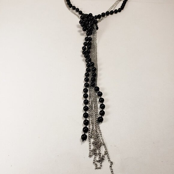 Women's Stylish Polished Silver tone 48" Black Layered Beaded Necklace - Picture 5 of 8